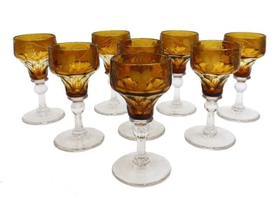 8 Bohemian Smokey Amber and Clear Cut Glass Claret Wine Goblets c1940