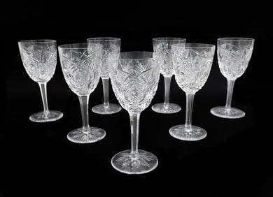 7 Baccarat France Cut Glass Claret Wine Goblets in Lagny Signed