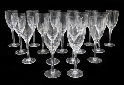 17 Lalique France Cut Glass Champagne Flutes in Ange Signed Figural Winged Woman