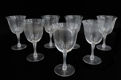 7 Lalique France Glass Water Goblets in Barsac Signed Frosted Stem