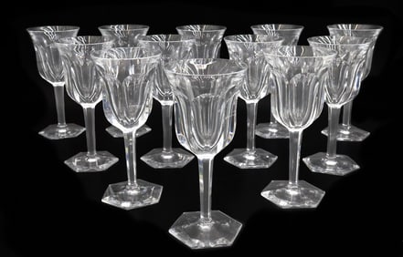 12 Baccarat France Cut Glass Claret Wine Goblets in Malmaison Signed