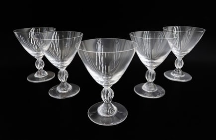 5 Lalique France Crystal Glass Martini Goblets in Frejus Signed