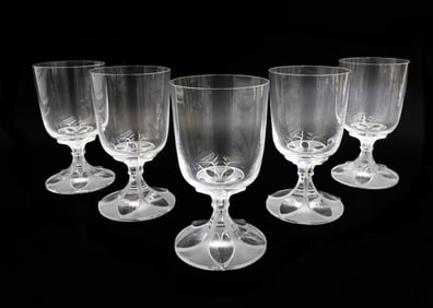 5 Lalique France Cut Glass Clear and Frosted Claret Wine Goblets in Valencay