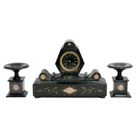 3 Piece French JH Kleyn La Haye Black Stone Marble Clock Garniture circa 1920