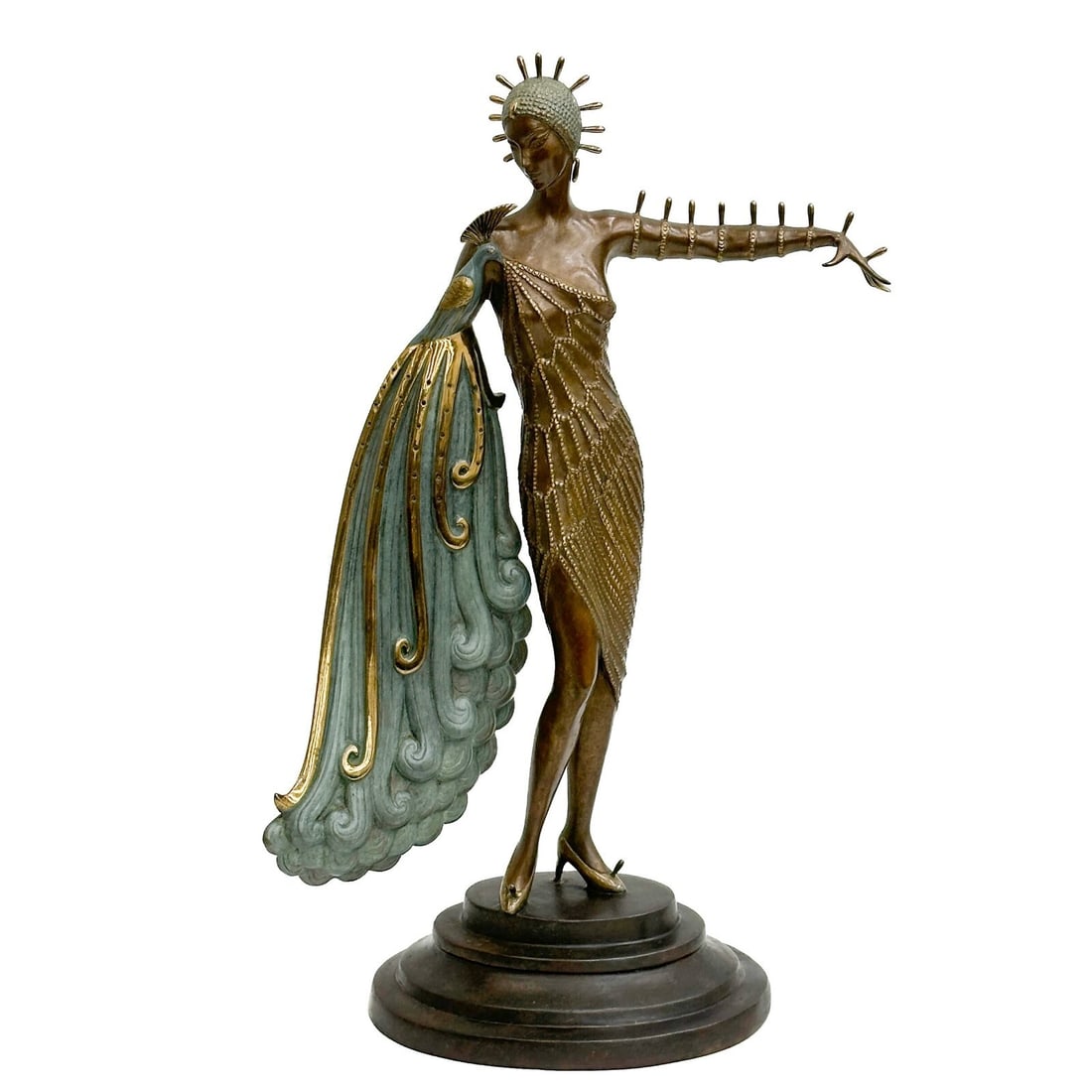 Erte Romain de Tirtoff Gilt Bronze Sculpture Diva Ltd Ed/300 Signed: Erté (Romain De Tirtoff) (Russian/French 1892-1990) Patinated and Cold Painted Bronze Sculpture, Diva. Depicts a woman with a peacock form dress sleeve. Signed Erte to the back edge of the base, lowe