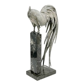 Japanese Silvered Bronze Rooster on Marble Base Meiji period Signed