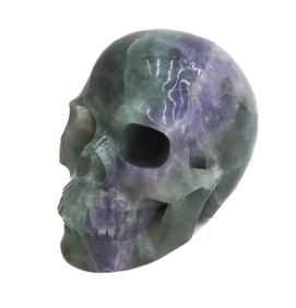 Carved Multi Colored Purple Grey and Green Flourite Skull Figurine 20th Century