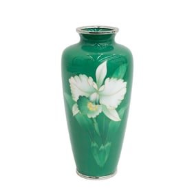 Inaba Japanese Cloisonne Green Enamel Vase White Orchid