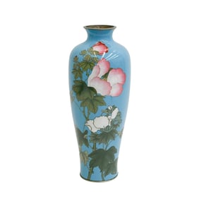 Ota Japanese Cloisonne Enamel 12 in Vase Blue Pink White Flowers Meiji period