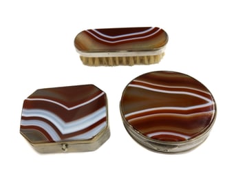 3 Silvered Metal Banded Agate Boxes and Brush 20th Century