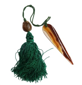 Vintage Continental Solid Carved Orange White Banded Agate Tassle Bookmark