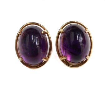 Pair Gump's 14k Yellow Gold Cabochon Amethyst Clip on Earrings