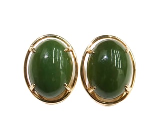 Gump's 14k Yellow Gold Cabochon Jade Clip on Earrings