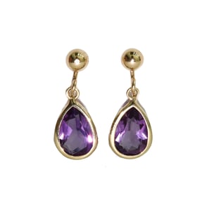 14k Yellow Gold and Bezel Amethyst Pear Dangle Twist Back Clip Earrings