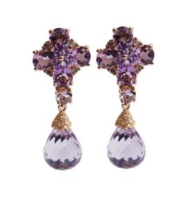 14k Rose Gold Amethyst and Diamond Floral Drop Earrings