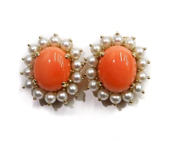 14k Yellow Gold Coral and Cultured Pearl Clip Earrings