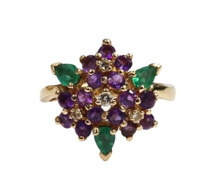 House of Igor Carl Faberge 14k Yellow Gold Amethyst Emerald Diamond Ring Size 8