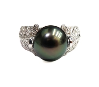 18k 750 White Gold and South Sea Cultured Pearl and Diamond Ring Size 7