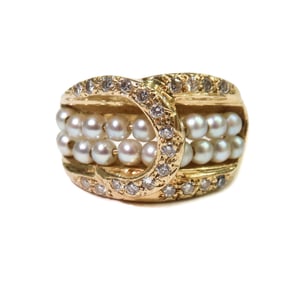 14k Yellow Gold Diamond and Seed Pearl Ring Size 6.5