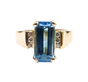 14k Yellow Gold Emerald Cut Blue Topaz and Diamond Ring Size 7.5