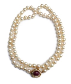14k Yellow Gold Ruby Diamond and Cultured Pearl Single Strand Opera Length Necklace