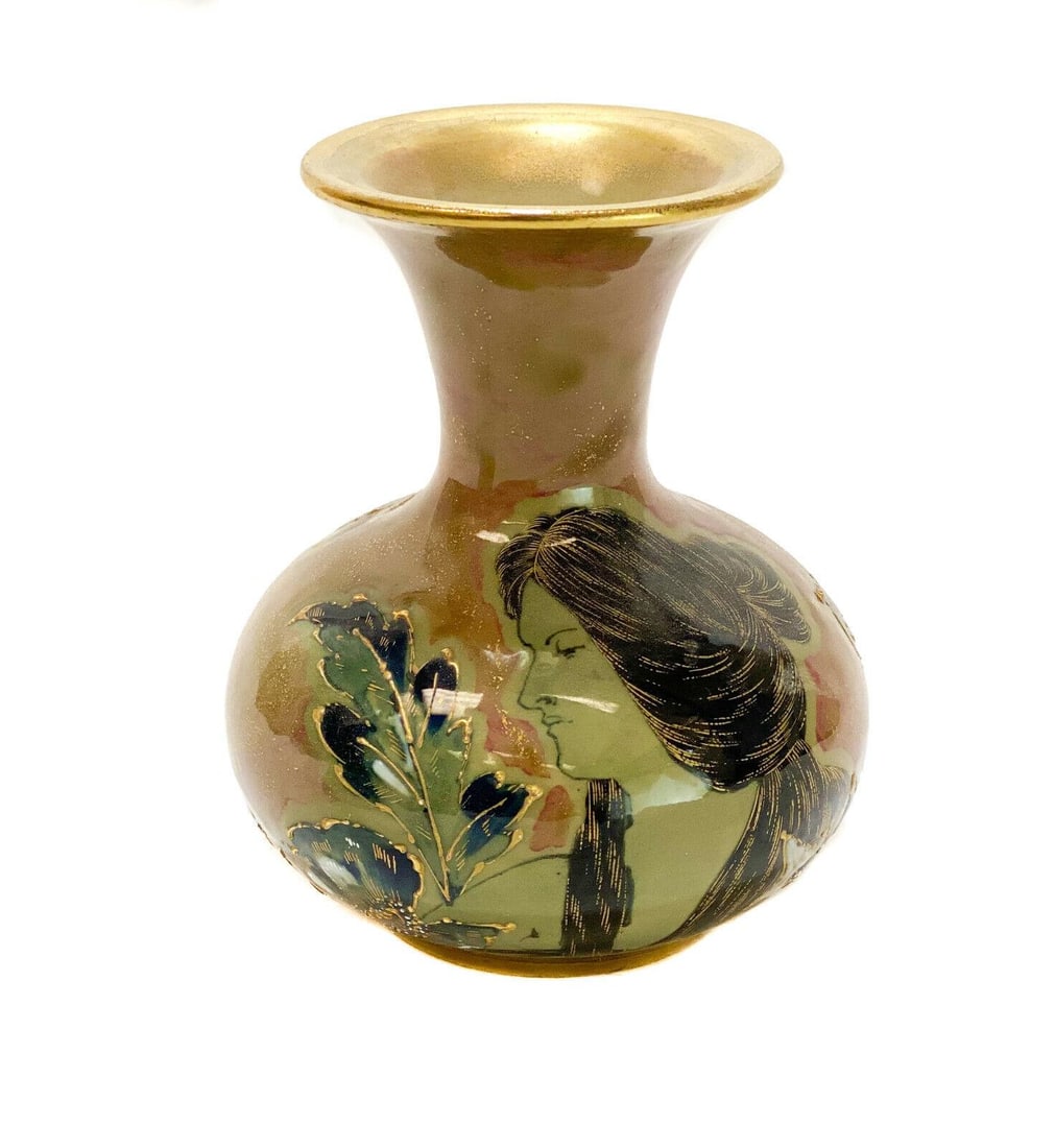 Amphora RSTK Enamel Pottery Vase Portrait of A Beauty: Amphora RSTK enamel pottery vase of a beauty, circa 1900. The central area depicts an Art Nouveau beauty with gilt accents to her hair strands. Leaf and floral accents throughout. Amphora RSTK mark to