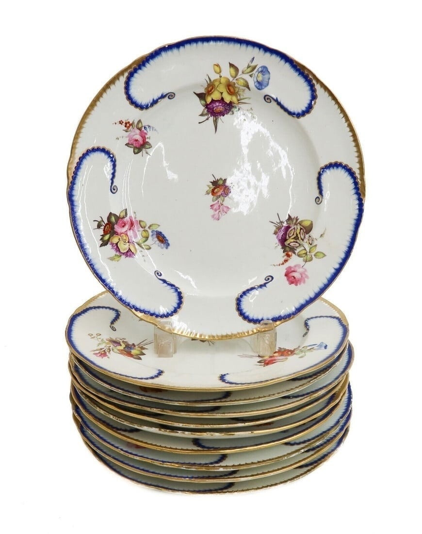 10 Royal Crown Derby Sevres Style Feuille de Choux Porcelain Plates, 1820: 10 Royal Crown Derby Feuille-de-Choux (Cabbage Leaf) Sevres Style Dinner Plates, 1820. A white ground, hand painted florals, to the edge, floral bouquet to the center. Cobalt blue and gilt decoration