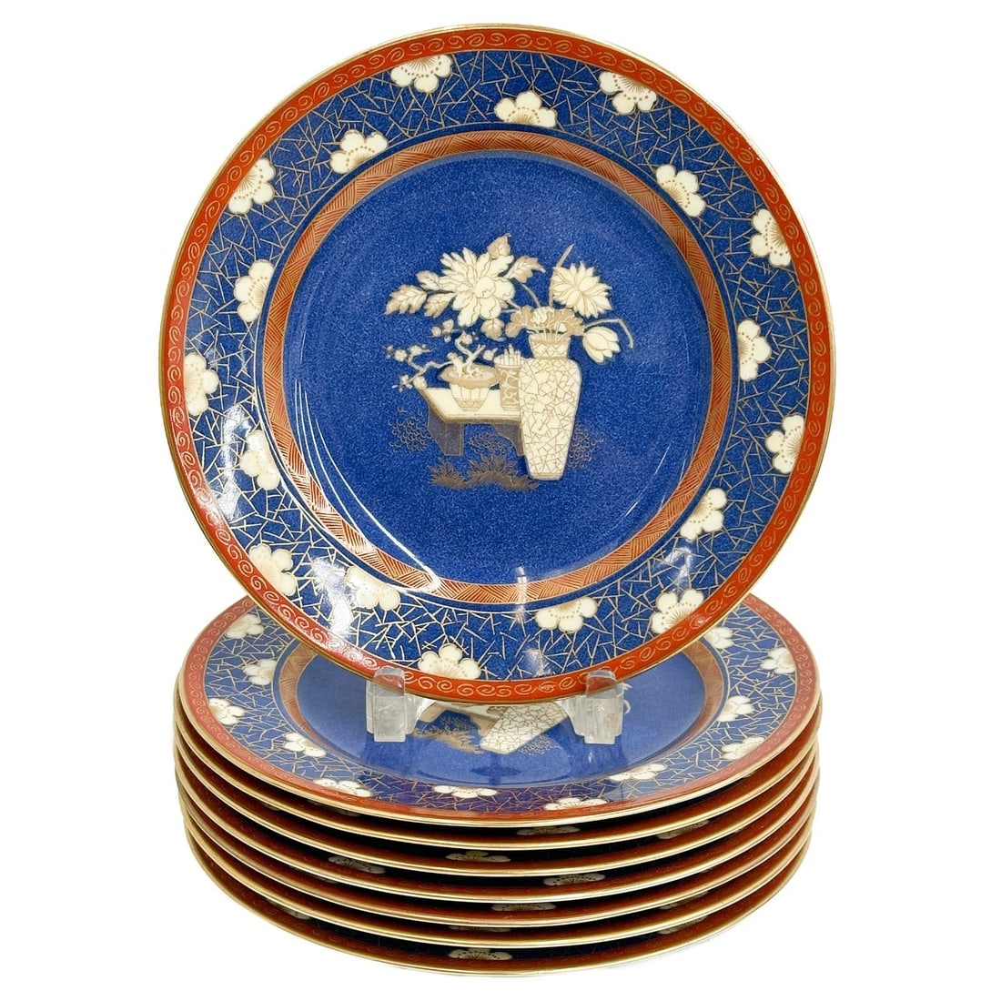 8 Copeland Spode for Tiffany & Co Porcelain Dinner Plates circa 1920s: 8 Copeland Spode for Tiffany & Co Porcelain Dinner Plates circa 1920s. A blue ground decorated with florals, gilt accents. Underside with Copeland Spode Tiffany & Co marks, date codes for 1920, 1923,