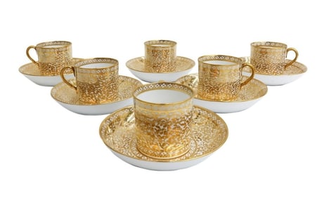 6 Spode England Porcelain Cup and Saucers Geometric and Gilt Leaves #609 c1820