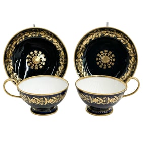 Pair Manufacture de Sevres Capraire Cobalt Blue Litron Cups & Underplates 1846