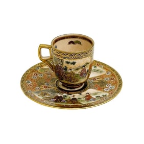 Shuzan Satsuma Japanese Hand Painted Porcelain Demitasse Cup & Saucer Meiji