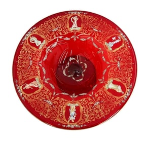 Venetian Art Glass Footed Compote Bowl Hand Painted Beauties Flowers circa 1950