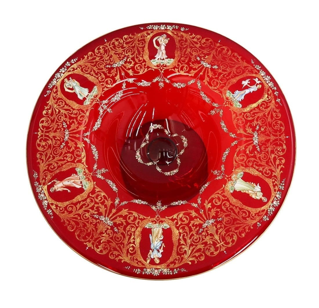 Venetian Art Glass Footed Compote Bowl Hand Painted Beauties Flowers circa 1950 (1 of 9)
