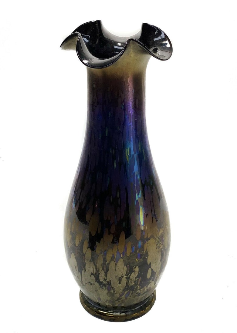Austrian Iridescent Art Glass Papilllon Vase Manner of Loetz: Austrian Iridescent art glass textured vase, Manner of Loetz. A purple ground with blue and green iridescence. Weight: Approx. 2 lbs Measurements: Approx. 4.25 inches diameter x 11 inches tall Domesti