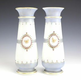 Pair Victorian Bristol Glass Jeweled Vases. Hand Painted, Raised Gilt, Butterfly
