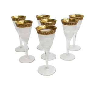 7 Moser Czech Cut Crystal Glass Open Monogram Port Wine Goblets in Gold Splendid