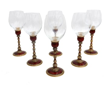 6 Edgar Berebi Red Enamel and Jeweled Stemware Wine Glass Goblets with Boxes