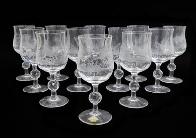 12 German Kaspar Bleikristall Copper Engraved Wine Goblets circa 1940