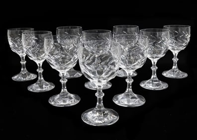 10 Lalique France Crystal Glass Water Goblets in Beauharnais Leaf Vine Signed