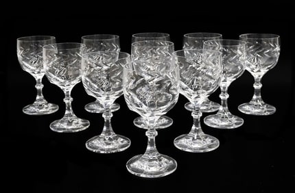 11 Lalique France Crystal Glass Wine Goblets in Beauharnais Leaf Vine Signed