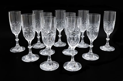 11 Lalique France Crystal Glass Champagne Flutes in Beauharnais Leaf Vine Signed