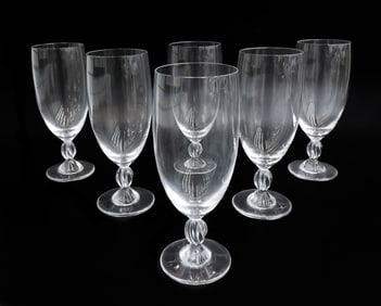 6  Lalique France Crystal Glass Tall Water Goblets in Frejus Signed