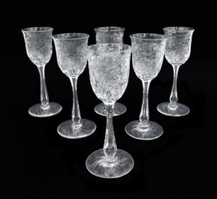 6 American Cut Glass Emulating Rock Crystal Sherry Wine Goblets c1940