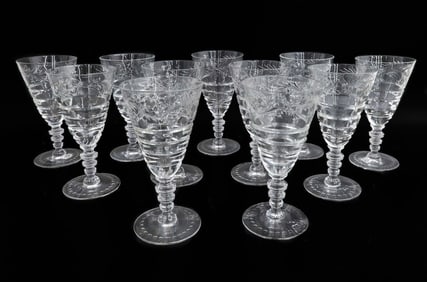 11 Hawkes Cut Glass Water Goblets in Le Moderne Scalloped Bowl