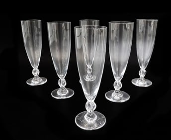 6  Lalique France Crystal Glass Champagne Flute Goblets in Frejus Signed