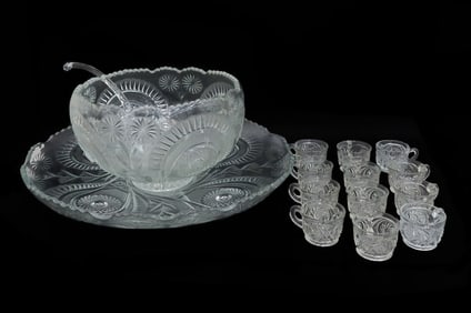 Vintage Glass Punch Bowl Set for 12 20th Century