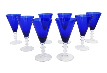 8 William Yeoward Cobalt Blue Glass Wine Goblets Signed