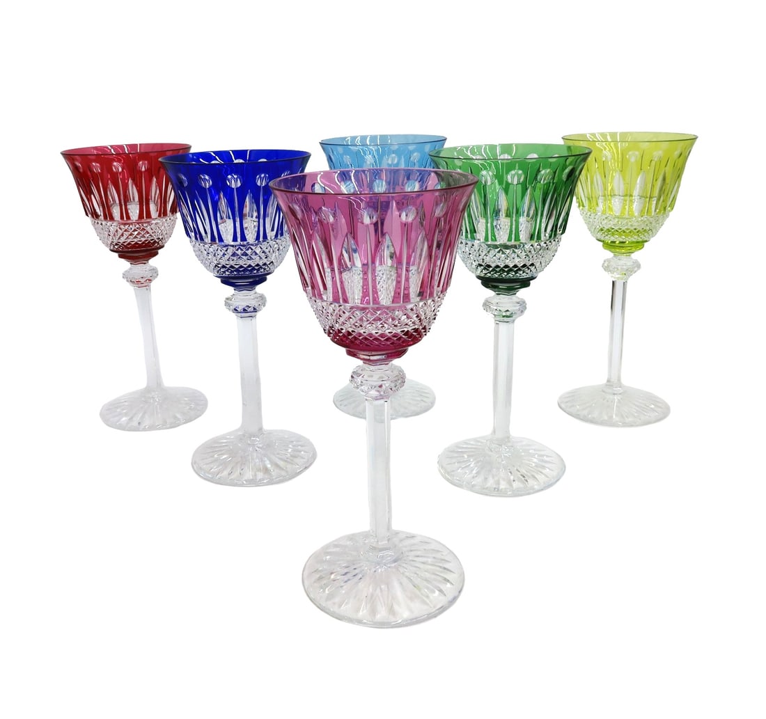 6 Saint (St.) Louis Multi-Colored Wine Glass Goblets in Tommy Signed: 6 Saint (St.) Louis multi-colored wine glass goblets in Tommy Signed. Diamond cut texture to base with vertical lines and circles towards the mouth. Starburst base with St. Louis mark to underside. Th