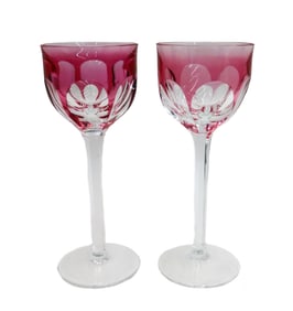 Pair Moser Cranberry Red Cut to Clear Hock Wine Goblets in Lady Hamilton