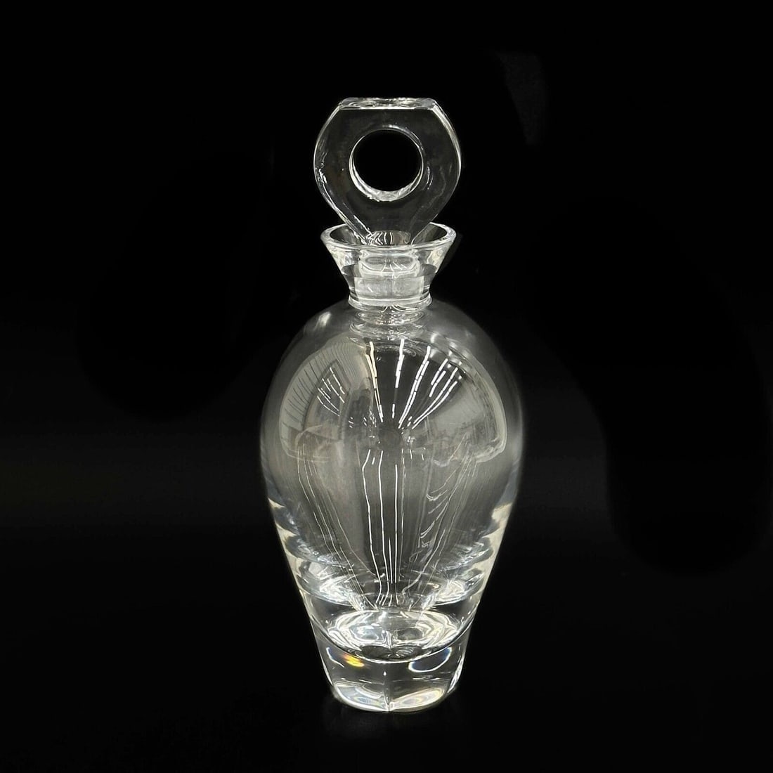 Lalique France Crystal Glass Decanter in Highlands Signed: Lalique France Crystal Glass Decanter in Highlands. Underside signed Lalique France Weight: Approx. 3 lbs Measurements: Approx. 4.5 inches diameter x 10.75 inches tall Condition: Very good condition,